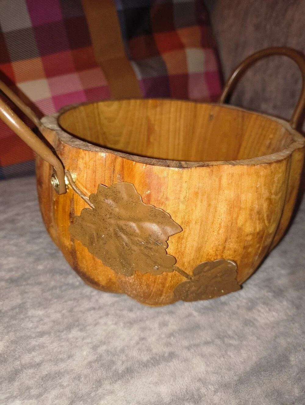 Pier 1 Wood and Metal Leaf Accent Decorative Bucket - Amber Brown